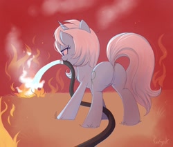 Size: 2047x1746 | Tagged: safe, artist:confetticakez, oc, oc only, oc:eula phi, pony, unicorn, butt, fire, plot, water hose