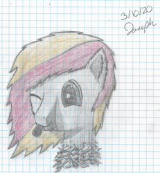 Size: 3457x3736 | Tagged: safe, artist:mlplayer dudez, oc, oc only, oc:solder point, earth pony, pony, bust, chest fluff, cute, ear fluff, graph paper, male, one eye closed, shading, signature, solo, stallion, tongue out, traditional art, wink