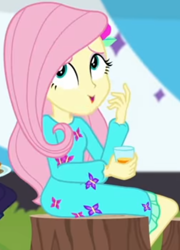 Size: 378x525 | Tagged: safe, screencap, fluttershy, better together, equestria girls, sunset's backstage pass!, beverage, clothes, cropped, cup, cute, dress, female, hairclip, long sleeves, looking up, rv, shyabetes, sitting, smiling, tree stump, waistband