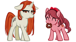 Size: 960x540 | Tagged: safe, artist:karashim, earth pony, pony, donut, duo, female, filly, floppy ears, food, happy, idolmaster, mare, mouth hold, noriko shiina, ponified, scrunchie, simple background, tokiko zaizen, unamused, white background