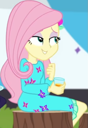 Size: 367x532 | Tagged: safe, screencap, fluttershy, better together, equestria girls, sunset's backstage pass!, beverage, clothes, cropped, cup, cute, dress, female, hairclip, lidded eyes, long sleeves, rv, shyabetes, sitting, smiling, tree stump, waistband