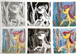 Size: 1200x850 | Tagged: safe, artist:weird--fish, apple bloom, earth pony, pony, forest, inktober, solo