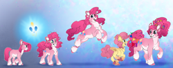 Size: 8349x3300 | Tagged: safe, artist:turnipberry, derpibooru import, li'l cheese, pinkie pie, earth pony, pony, the last problem, abstract background, absurd resolution, blue background, candy, chest fluff, confetti, cute, cutie mark, diapinkes, dilated pupils, ear fluff, eye reflection, female, filly, filly pinkie pie, food, frown, grin, headcanon, hoof fluff, jumping, leg fluff, looking at you, looking back, mare, messy mane, older pinkie pie, pale belly, pronking, rainbow, raised hoof, reflection, running, simple background, smiling, sonic rainboom, squee, teenager, underhoof, unshorn fetlocks, walking, wingding eyes, younger