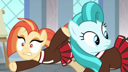 Size: 1920x1080 | Tagged: safe, screencap, lighthoof, shimmy shake, earth pony, pony, 2 4 6 greaaat, cheerleader, cheerleader outfit, classroom, clothes, duo, faic, falling, female, implied snips, looking back, window