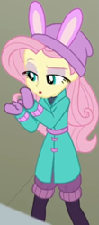Size: 405x917 | Tagged: safe, screencap, fluttershy, equestria girls, equestria girls series, holidays unwrapped, spoiler:eqg series (season 2), bird whistle, blizzard or bust, bunny ears, clothes, coat, cropped, cute, female, leg warmers, lidded eyes, mittens, shirt, shyabetes, undershirt, waistband, winter hat, winter outfit