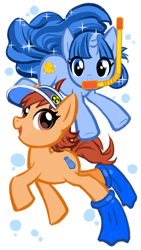 Size: 540x960 | Tagged: safe, artist:karashim, earth pony, pony, unicorn, duo, female, flippers, idolmaster, kai nishijima, mare, nanami asari, ponified, simple background, snorkel, swimming, white background