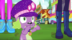 Size: 720x402 | Tagged: safe, screencap, rarity, sci-twi, spike, spike the regular dog, twilight sparkle, dog, better together, choose your own ending, equestria girls, lost and pound, lost and pound: spike, clothes, female, male, offscreen character, paws, shoes, spike's dog collar, spike's festival hat