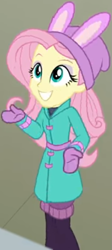 Size: 407x912 | Tagged: safe, screencap, fluttershy, better together, equestria girls, holidays unwrapped, blizzard or bust, bunny ears, clothes, coat, cropped, cute, female, leg warmers, looking up, mittens, shirt, shyabetes, smiling, undershirt, waistband, winter hat, winter outfit