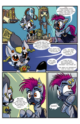 Size: 620x958 | Tagged: safe, artist:lytlethelemur, oc, oc:moeagami, oc:zjin, zebra, comic:the ponies must be crazy, book, clothes, comic, dialogue, female, headdress, mare, scroll, skull, speech bubble, text, zebra oc