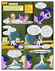 Size: 612x792 | Tagged: safe, artist:newbiespud, derpibooru import, edit, edited screencap, screencap, applejack, pinkie pie, rarity, tom, twilight sparkle, earth pony, pony, unicorn, comic:friendship is dragons, the return of harmony, bedroom eyes, comic, dialogue, discorded, earth pony twilight, female, freckles, frown, happy, hat, hedge maze, implied discord, liarjack, mare, open mouth, raised hoof, rarisnap, screencap comic, smiling, suspicious, unamused