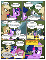 Size: 612x792 | Tagged: safe, artist:newbiespud, derpibooru import, edit, edited screencap, screencap, applejack, pinkie pie, rarity, tom, twilight sparkle, earth pony, pony, unicorn, comic:friendship is dragons, the return of harmony, comic, dialogue, discorded, earth pony twilight, eyes closed, female, freckles, frown, gritted teeth, hat, hedge maze, hug, implied discord, liarjack, mare, screencap comic, suspicious, worried