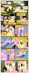 Size: 612x1552 | Tagged: safe, artist:newbiespud, edit, edited screencap, screencap, discord, butterfly, pegasus, pony, comic:friendship is dragons, the return of harmony, comic, confused, dialogue, female, flower, flying, grin, hiding, mare, running, scared, screencap comic, smiling, smug