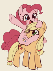 Size: 972x1293 | Tagged: safe, artist:manachaaaaaaaa, derpibooru import, applejack, pinkie pie, earth pony, pony, cute, diapinkes, duo, female, jackabetes, mare, open mouth, ponies riding ponies, simple background, smiling