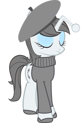 Size: 1000x1529 | Tagged: safe, artist:cool77778, oc, oc only, oc:apathia, pony, unicorn, beret, clothes, eyes closed, eyeshadow, female, french, hat, makeup, mare, reddit, shoes, simple background, solo, sweater, transparent background, vector