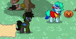 Size: 531x276 | Tagged: safe, artist:omegapony16, oc, bat pony, pony, bat pony oc, clothes, dress, ear piercing, earmuffs, female, glasses, hat, heart, male, mare, piercing, pixel art, pony town, prone, pumpkin, stallion