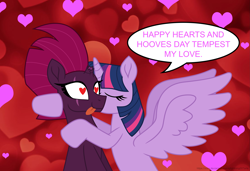 Size: 3015x2060 | Tagged: safe, artist:ejlightning007arts, tempest shadow, twilight sparkle, twilight sparkle (alicorn), alicorn, unicorn, broken horn, eye scar, eyes closed, female, heart, heart eyes, hearts and hooves day, holiday, horn, kiss on the cheek, kissing, lesbian, romantic, scar, shipping, speech bubble, tempestlight, tongue out, valentine, valentine's day, wingding eyes