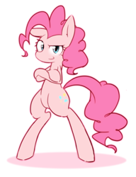 Size: 1592x2071 | Tagged: safe, artist:akainu_pony, pinkie pie, earth pony, pony, bipedal, crossed hooves, cute, diapinkes, ear down, female, looking at you, mare, pixiv, simple background, solo, white background