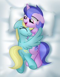 Size: 5107x6578 | Tagged: safe, artist:jhayarr23, sassaflash, sea swirl, seafoam, pegasus, pony, unicorn, background pony, bed, commission, cute, female, lesbian, sassaswirl, shipping, snuggling