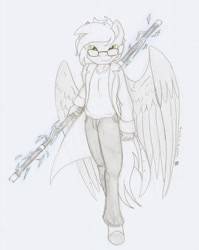 Size: 1280x1606 | Tagged: safe, artist:ravenpuff, oc, oc:lightning aura, anthro, pegasus, clothes, female, jacket, mare, pants, solo, staff, traditional art