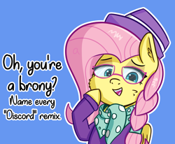 Size: 2594x2139 | Tagged: safe, artist:artiks, fluttershy, pegasus, pony, alternate hairstyle, dialogue, female, hipstershy, mare, meme, simple background, smug, solo