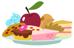 Size: 681x445 | Tagged: safe, apple, cake, castle creator, cookie, dish, food, no pony, official, official art, simple background, treats, white background