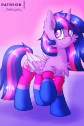 Size: 1500x2250 | Tagged: safe, artist:shad0w-galaxy, twilight sparkle, twilight sparkle (alicorn), alicorn, pony, bi twi, bilight sparkle, bisexual pride flag, bisexuality, cheek fluff, chest fluff, clothes, colored pupils, female, fluffy, mare, patreon, patreon logo, pride, pride month, smiling, socks, solo, striped socks, two toned wings, wings