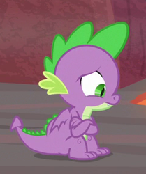 Size: 243x290 | Tagged: safe, screencap, spike, dragon, sweet and smoky, claws, cropped, crossed arms, male, sad, solo, tail, winged spike, wings