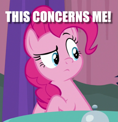 Size: 835x865 | Tagged: safe, edit, edited screencap, screencap, pinkie pie, earth pony, pony, a trivial pursuit, caption, concerned, cropped, image macro, juxtaposition bait, meme, reaction image, solo, text