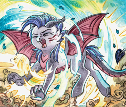 Size: 1280x1092 | Tagged: safe, artist:red-watercolor, oc, oc only, oc:dawn sentry, bat pony, dragon, hybrid, pony, bat wings, blood, claws, dragon tail, fangs, female, horns, injured, mare, screaming, solo, traditional art, transformation, watercolor painting, wings