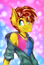 Size: 1319x1923 | Tagged: safe, artist:drizziedoodles, oc, oc only, oc:honey drizzle, anthro, abstract background, bisexual, bisexual pride flag, clothes, freckles, hoodie, jewelry, necklace, pride, pride month, shark tooth, shark tooth necklace, smiling, solo, tanktop