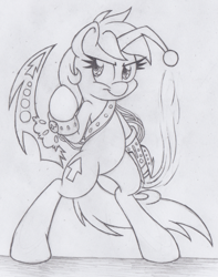 Size: 432x547 | Tagged: safe, artist:dfectivedvice, oc, oc only, oc:karma, pony, unicorn, action pose, bipedal, black and white, claws, cutie mark, female, grayscale, mare, monochrome, ponified, reddit, simple background, sketch, sword, traditional art, upvote, weapon