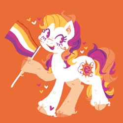 Size: 1500x1500 | Tagged: safe, artist:trinoids, sunny daze (g3), earth pony, pony, cloven hooves, cutie mark, female, heart, hoof hold, limited palette, mare, open mouth, orange background, pride, pride flag, raised hoof, simple background, smiling, solo, unshorn fetlocks