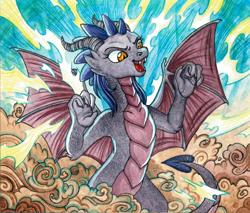 Size: 1280x1092 | Tagged: safe, artist:red-watercolor, oc, oc only, oc:dawn sentry, dragon, pony, bat wings, claws, cloud, dragonified, fangs, female, forest, growling, horns, mare, solo, species swap, transformation, wings