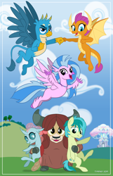Size: 580x900 | Tagged: safe, artist:tim-kangaroo, gallus, ocellus, sandbar, silverstream, smolder, yona, changedling, changeling, classical hippogriff, dragon, earth pony, griffon, hippogriff, pony, yak, cute, diaocelles, diastreamies, drawfriend, equestria daily, field, gallabetes, hoofbump, hug, looking at you, poster, sandabetes, smiling, smolderbetes, student six, treehouse of harmony, yonadorable