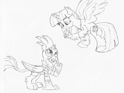Size: 2235x1685 | Tagged: safe, artist:ejlightning007arts, gallus, silverstream, classical hippogriff, griffon, hippogriff, armor, clothes, costume, cute, diastreamies, fake cutie mark, fake horn, female, flying, gallabetes, gallstream, halloween, halloween costume, hand drawing, holiday, implied tempest shadow, implied tempestlight, implied twilight sparkle, male, nightmare night, shipping, straight, traditional art