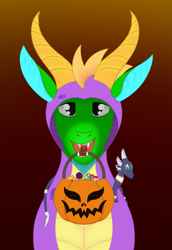 Size: 1539x2231 | Tagged: safe, artist:dyonys, oc, oc:fridis, dragon, candy, clothes, costume, cynder, food, halloween, holiday, hoodie, mouth hold, plushie, pumpkin bucket, solo, spyro the dragon