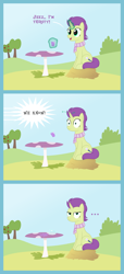 Size: 1800x3950 | Tagged: safe, artist:devfield, oc, oc:sky spark, pony, unicorn, ..., apple, bush, clothes, clover cafe, comic, dropping, female, food, glass, grape juice, grass, grass field, hay, hay bale, inside joke, juice, levitation, magic, magic aura, mare, offscreen character, outdoors, scarf, shadow, show accurate, sky, smiling, speech bubble, spill, spilled drink, surprised, table, telekinesis, text, thirsty, tree, unamused