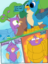 Size: 768x1024 | Tagged: safe, artist:mrleft, gallus, oc, oc:gyro feather, oc:gyro tech, griffon, dialogue, griffonized, imminent vore, male, species swap