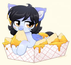 Size: 1545x1421 | Tagged: safe, artist:moozua, oc, oc only, oc:mitzy, bat pony, bat pony oc, cheese, chips, cute, ear fluff, food, nacho cheese, nachos, ocbetes, simple background, solo, starry eyes, wingding eyes