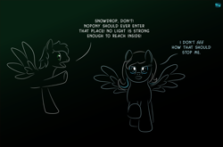 Size: 910x600 | Tagged: safe, artist:quint-t-w, oc, oc only, oc:snowdrop, pegasus, pony, blind, blind joke, dialogue, gradient background, minimalist, modern art, old art, older snowdrop, reaching