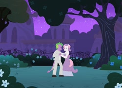 Size: 1280x929 | Tagged: safe, artist:mlp-headstrong, spike, sweetie belle, anthro, dragon, canterlot gardens, clothes, dancing, dress, female, gala dress, gala suit, male, older, older spike, older sweetie belle, shipping, spikebelle, straight