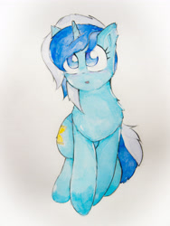 Size: 3024x4032 | Tagged: safe, artist:papersurgery, minuette, pony, unicorn, chest fluff, ear fluff, female, looking at you, mare, simple background, sitting, solo, traditional art, watercolor painting