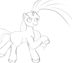 Size: 1089x951 | Tagged: safe, artist:anonymous, artist:happyartfag, oc, oc:paint drops, pony, unicorn, /mlp/, 4chan, drawthread, magic, monochrome, one eye closed, solo