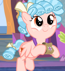 Size: 706x768 | Tagged: safe, screencap, cozy glow, pegasus, pony, school raze, cozybetes, cropped, cute, female, filly, hoof hold, lunch bag, paper bag, solo focus