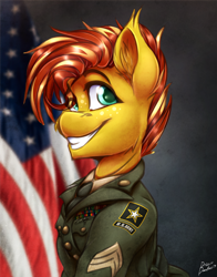 Size: 2946x3763 | Tagged: safe, artist:drizziedoodles, oc, oc only, oc:honey drizzle, earth pony, pony, american flag, belt, clothes, freckles, male, military, military uniform, necktie, smiling, solo, stallion, uniform, us army