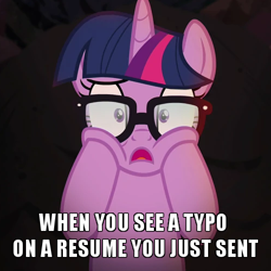 Size: 500x500 | Tagged: safe, edit, edited screencap, screencap, sci-twi, twilight sparkle, unicorn, better together, equestria girls, spring breakdown, caption, cropped, equestria girls ponified, horrified, image macro, meme, squishy cheeks, text, unicorn sci-twi