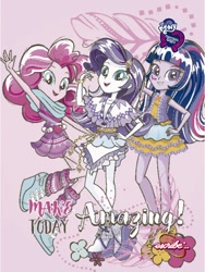 Size: 360x480 | Tagged: safe, pinkie pie, rarity, sci-twi, twilight sparkle, equestria girls, legend of everfree, book, book cover, camp fashion show outfit, cover, equestria girls logo, notebook