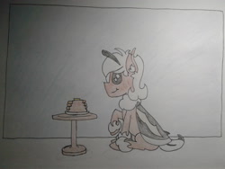 Size: 2576x1932 | Tagged: safe, artist:stemthebug, oc, oc only, oc:stem bedstraw, hybrid, moth, mothpony, original species, food, pancakes, photo, sitting, solo, traditional art