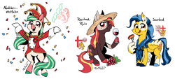 Size: 2106x950 | Tagged: safe, artist:taritoons, oc, oc only, oc:spring rose, earth pony, pegasus, pony, alcohol, carnival, clothes, confetti, food, germany, hat, meat, nation ponies, ponies eating meat, ponified, sausage, uniform, unnamed oc, wine, wing hands, wings