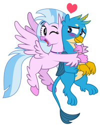 Size: 799x1000 | Tagged: safe, artist:aleximusprime, gallus, silverstream, bird, griffon, hippogriff, birb, blushing, crush, cute, diastreamies, female, flying, gallabetes, gallstream, heart, hug, hug from behind, love, male, one eye closed, pair, pictogram, shipping, simple background, straight, transparent background, wink